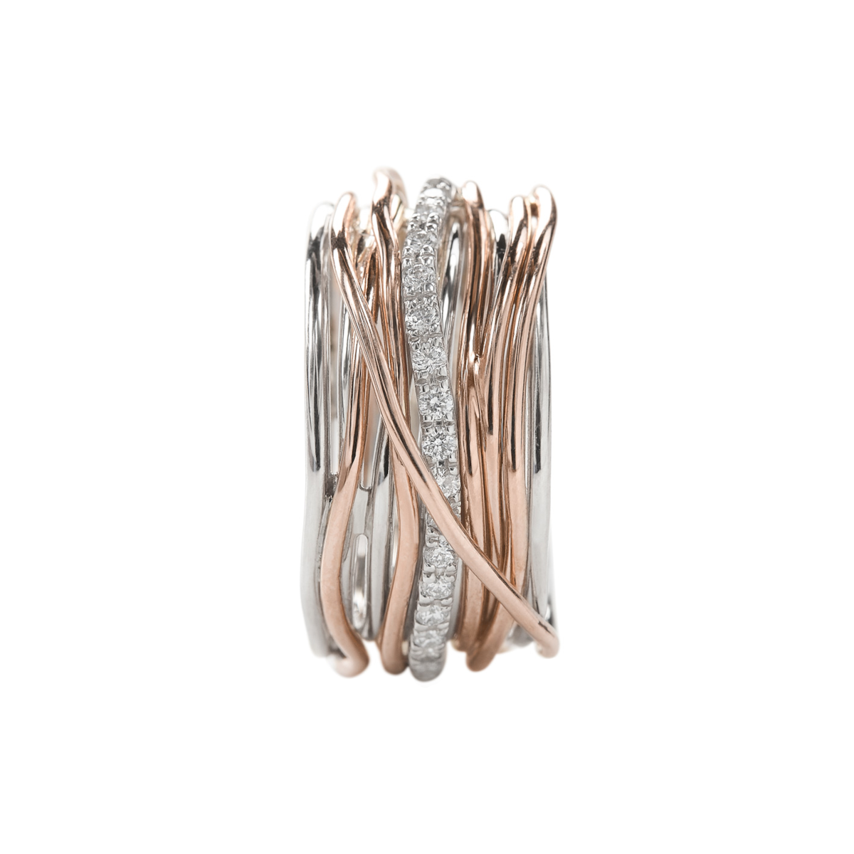 anello oro rosa argento 925 diamanti bianchi: un unico filo intrecciato a mano che rappresentra un legame. è presente all'interno una targhetta che si può incidere.