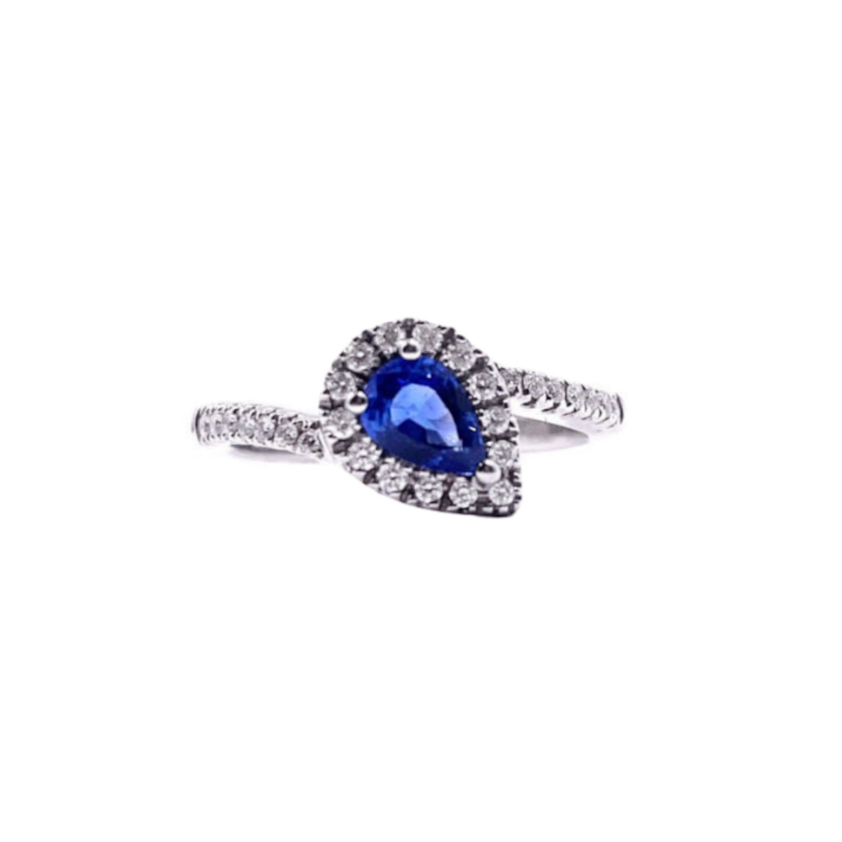 anello mirco visconti con zaffiro blu taglio a gocciae diamanti taglio brillante. zaffiro centrale e contorno di diamanti montati a griffe. la montatura del gioiello è in oro 18 carati bianco.