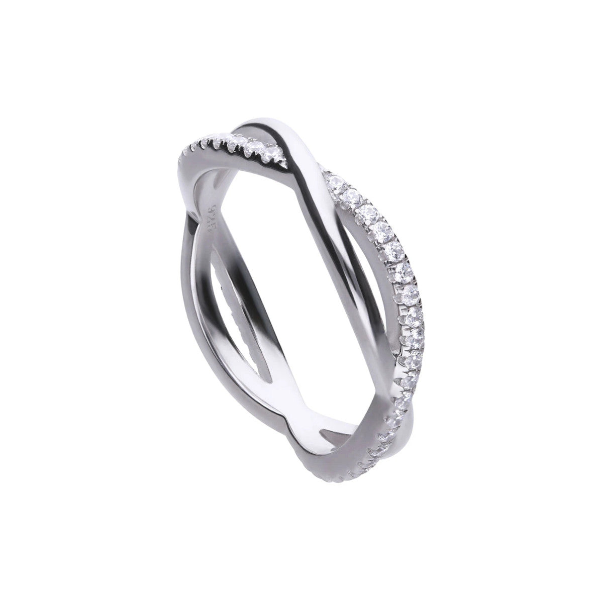 anello diamonfire in argento lega palladio con foglia di platino e copertura finale di rodio. intreccio con zirconi bianchi e argento lucidato a specchio.