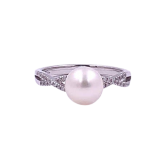 anello perla naturale coltivata in acqua dolce e diamanti bianchi su oro bianco 18 carati. anello perla diamanti oro bianco a fantasia intrecciata con perla centrale. diamanti frontali