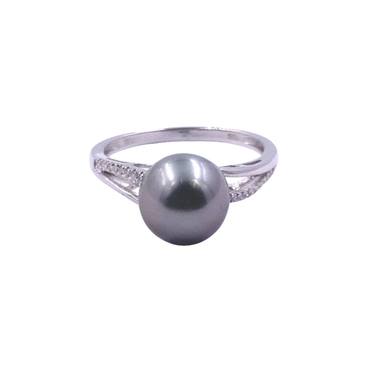 anello da donna con perla centrale grigia tahiti 9 mm diametro e diamanti bianchi pavé a lato. anello in fantasia con intereccio con perla al centro. montatura in oro bianco 18 carati.