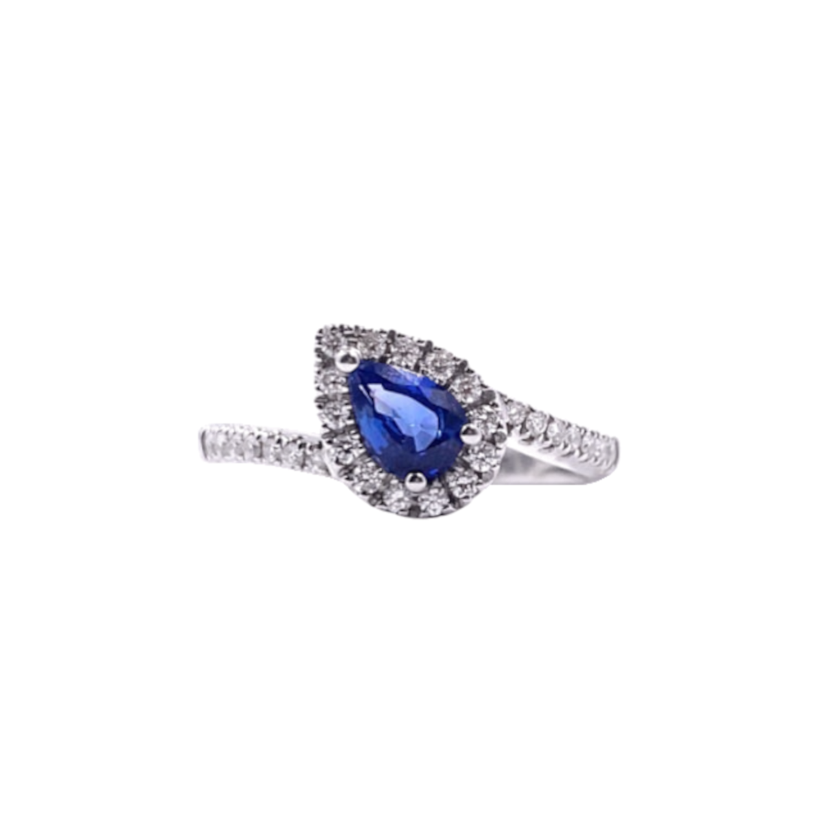 anello mirco visconti con zaffiro blu taglio a gocciae diamanti taglio brillante. zaffiro centrale e contorno di diamanti montati a griffe. la montatura del gioiello è in oro 18 carati bianco.