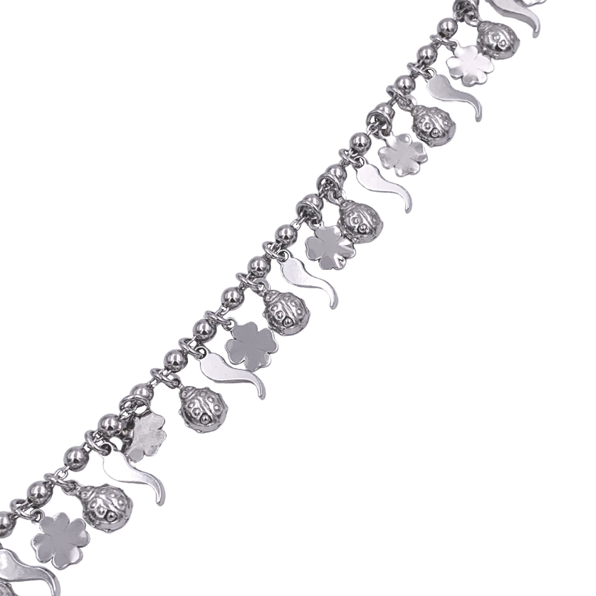 bracciale argento donna con ciondoli portafortuna quadrifoglio cornetto coccinella pendenti