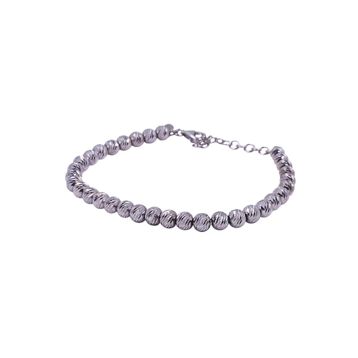 bracciale a sfere diamantate sfaccettate in argento con rodiatura. lunghezza regolabile e chiusura a moschettone