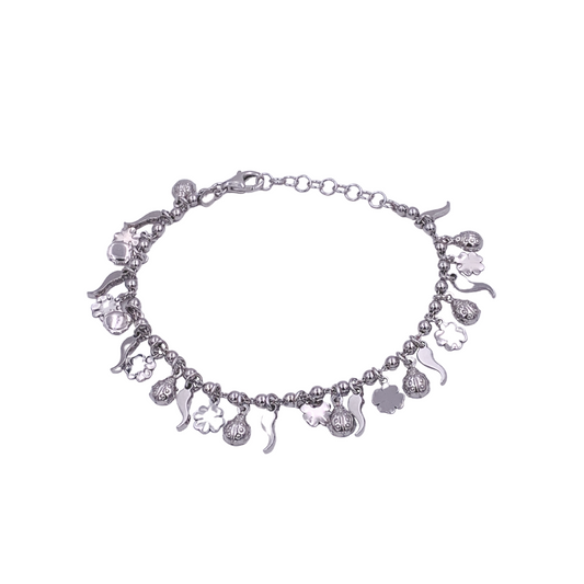 bracciale argento donna con ciondoli portafortuna quadrifoglio cornetto coccinella pendenti. chiusura regolabile.