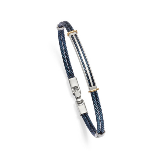 bracciale da uomo salvatore bersani in acciaio pvd blu ed elementi acciaio e riporto elementi in oro giallo 18 carati. chiusura a moschettone. collezione fine. codice 6992.