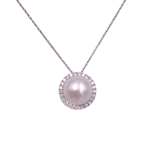 collana perla diamanti oro bianco 18 carati mirco visconti. Visuale frontale pendente