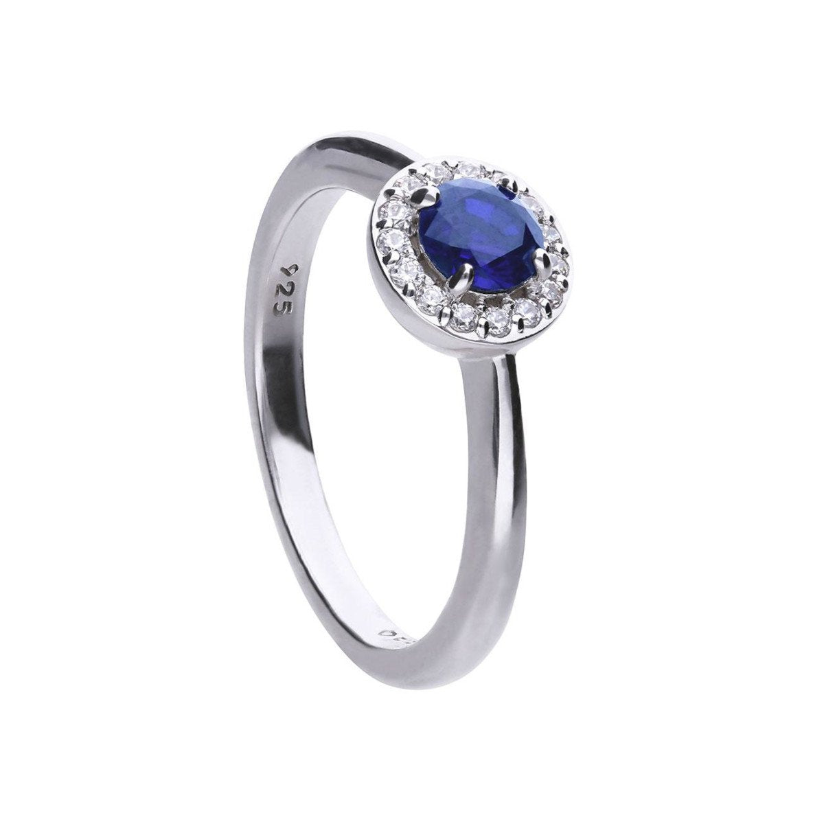 anello donna con pavè di pietre bianche zirconi e pietra centrale zircone blu. anello in stile classico in argento 925 con copertura platino e rodiatura.