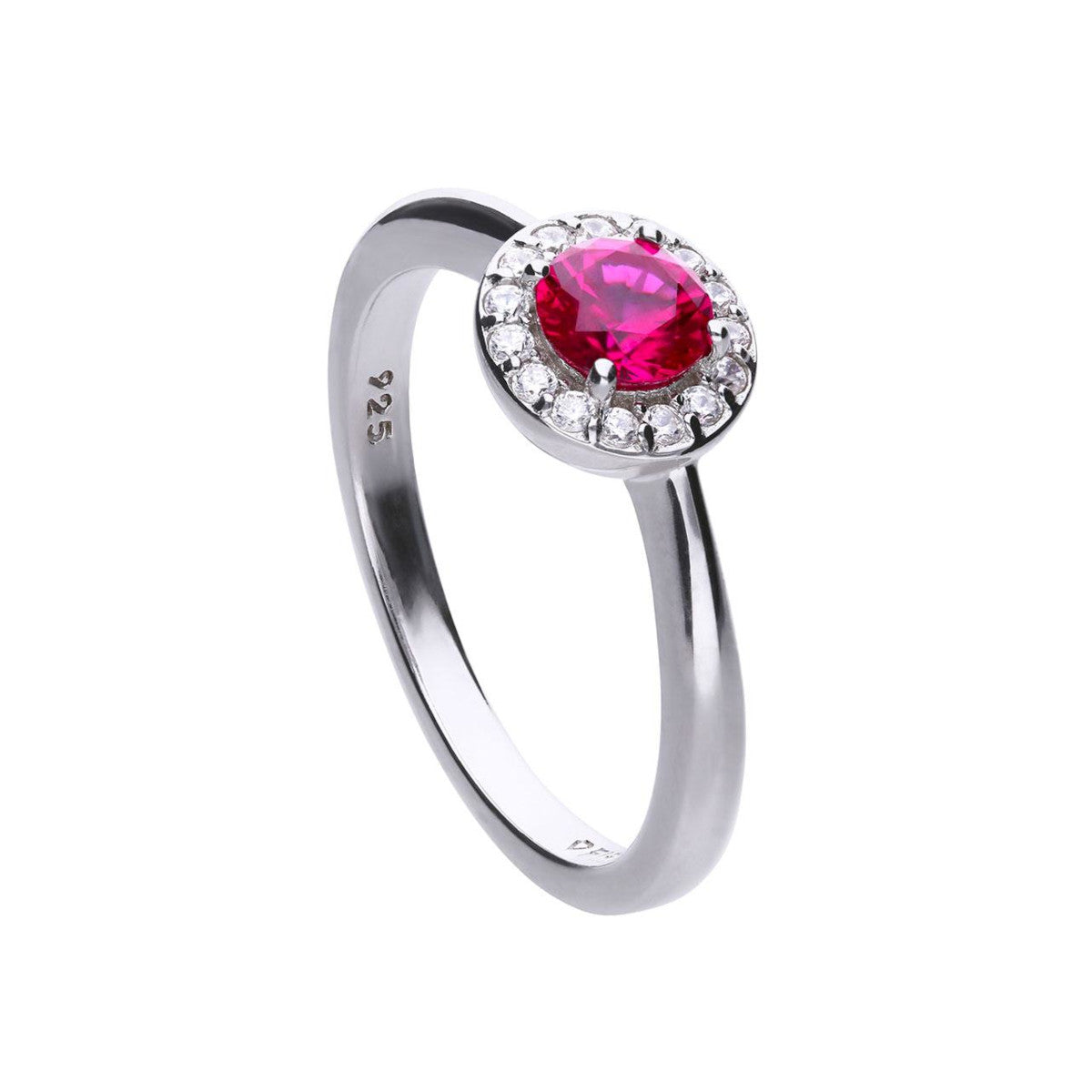 anello donna con pavè di pietre bianche zirconi e pietra centrale zircone rosso. anello in stile classico in argento 925 con copertura platino e rodiatura.