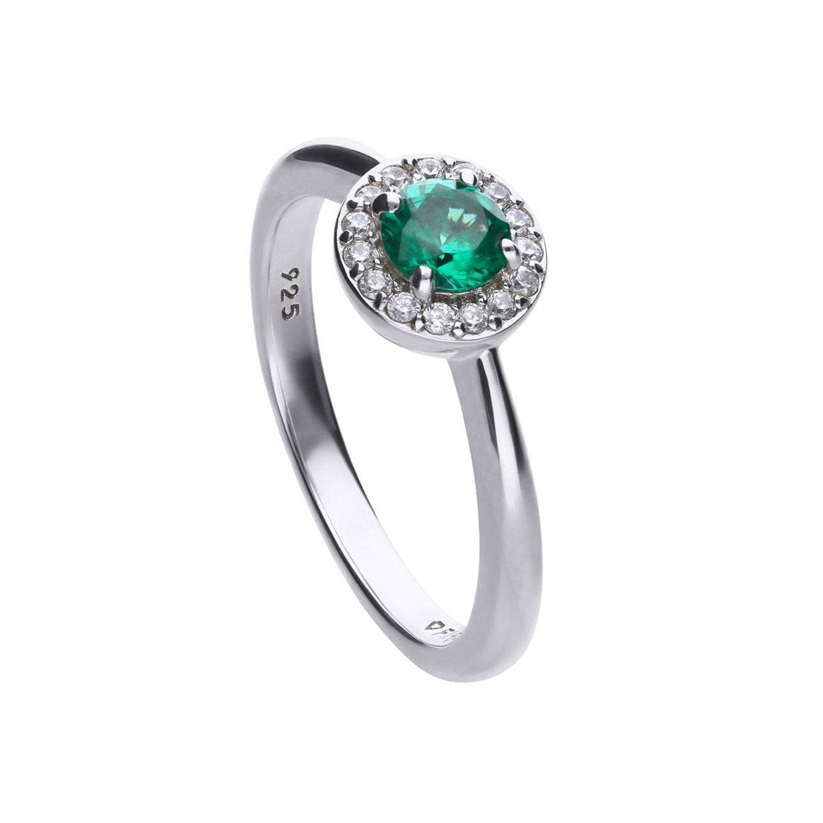 anello diamonfire con pietra verde centrale e contorno di pietre bianche in stile classico. Anello in argento 925 con lega palladio, ricoperto da una foglia di platino e copertura finale di rodio. Pietre sono zirconi bianchi e zircone verde