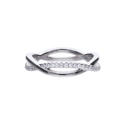 anello diamonfire in argento lega palladio con foglia di platino e copertura finale di rodio. intreccio con zirconi bianchi e argento lucidato a specchio.