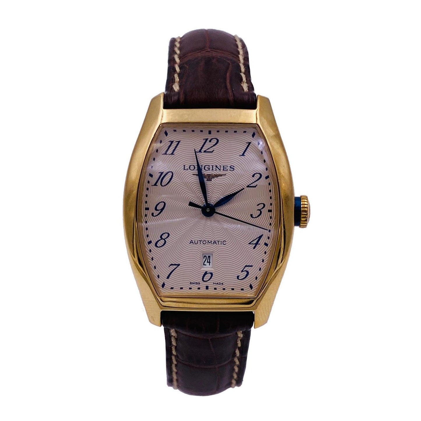 orologio donna longines rettangolare cassa oro giallo cinturino pelle con datario ore 6