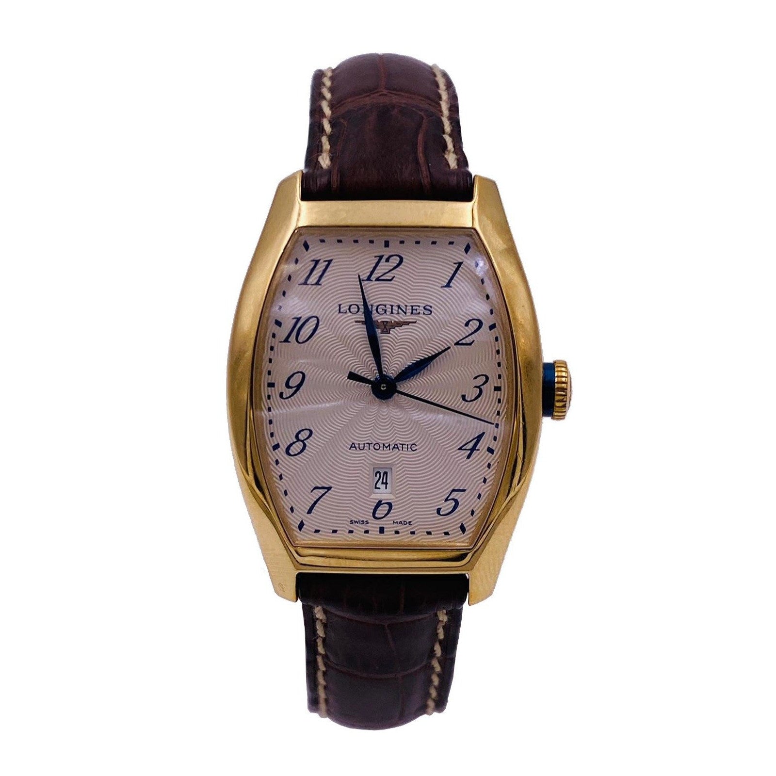 orologio donna longines rettangolare cassa oro giallo cinturino pelle con datario ore 6