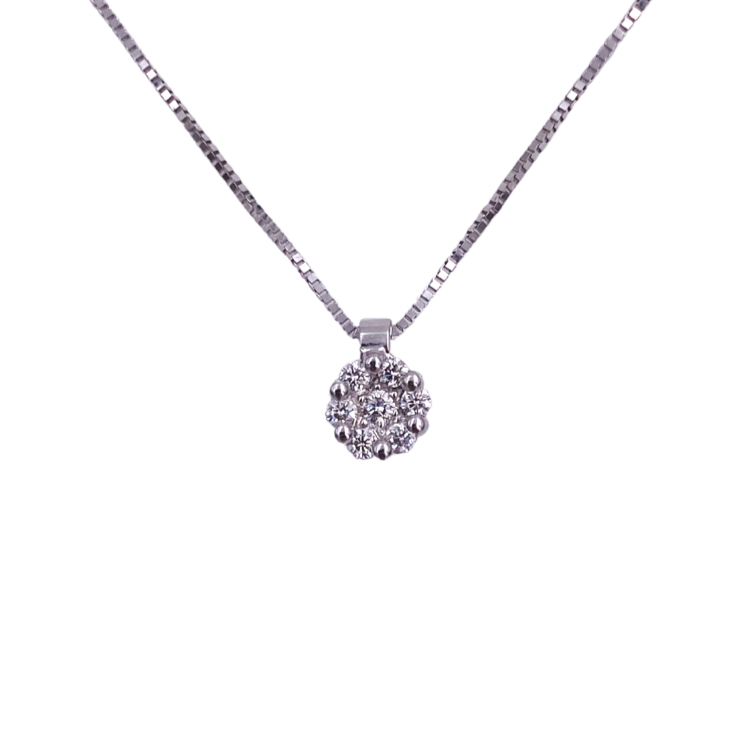 collana punto luce mirco visconti oro bianco 18 carati e diamanti. Punto luce a fiore pavé. Visuale frontale