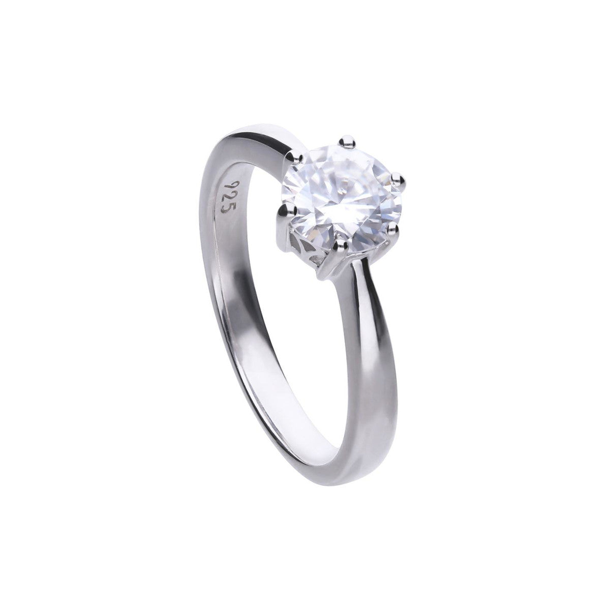 anello diamonfire solitario a 6 griffes in argento 925 con palladio, copertura platino e copertura finale di rodio. La pietra è uno zircone bianco.
